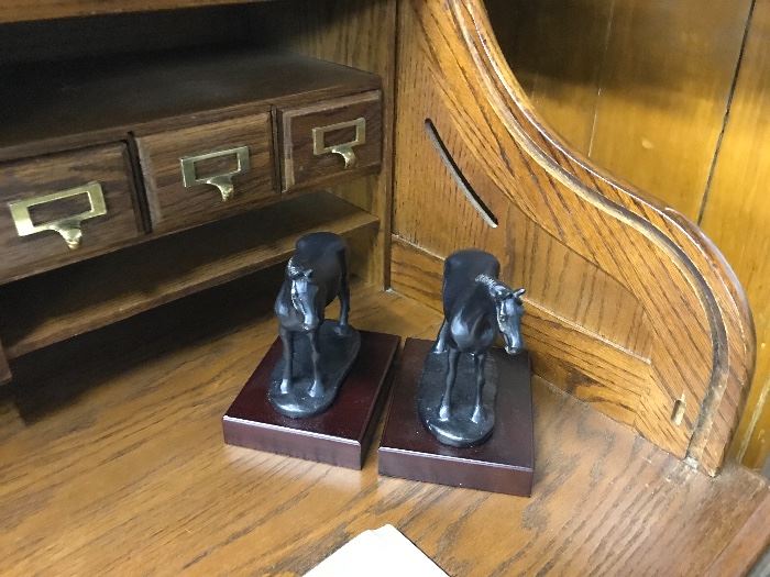 Horse book ends, roll top oak desk