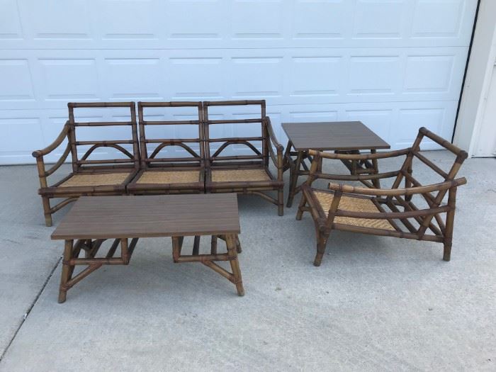 Cali-Asia mid century rattan set with original cushions and fabric. see next pictures