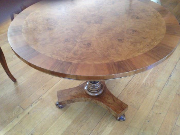 Gorgeous inlaid burled table table with claw feet, just stunning in any room.