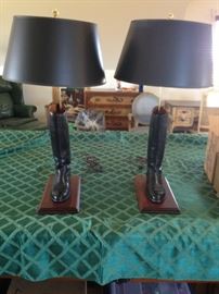 Pair of ladies black riding boot lamps, custom made , set on wood made with walnut, black shades. For all horse lovers!
