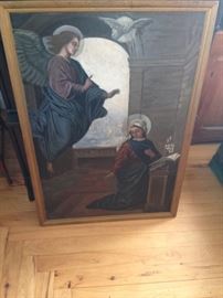 Antique Oil painting with beautiful angel and white dove