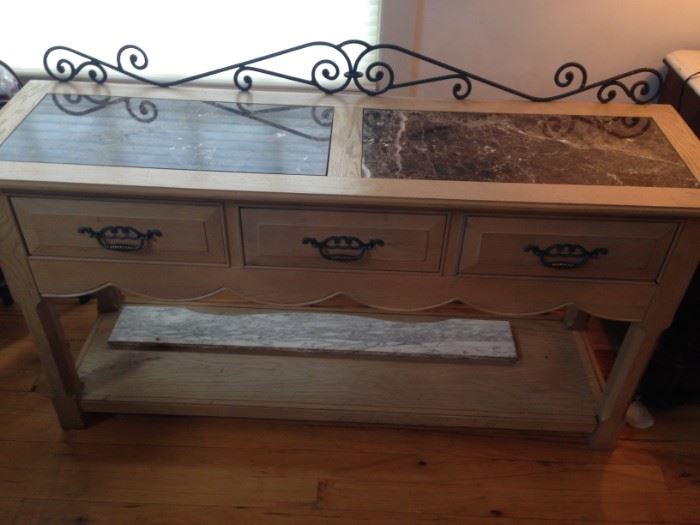 Thomasville Buffet, hand forged iron and brown marble inserts