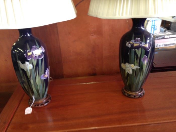 STUNNING HAND PAINTED IRIS LAMPS WITH CARVED WOOD BASE, JUST STUNNGING