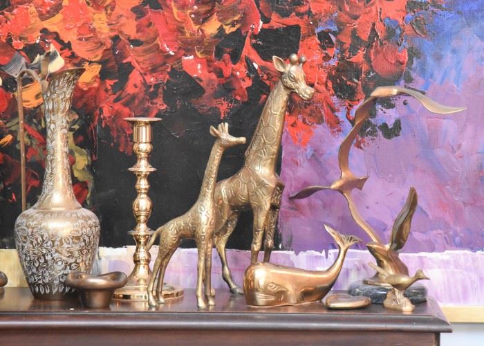 Vintage Brass Animal Figurines, Candlesticks, Ewer