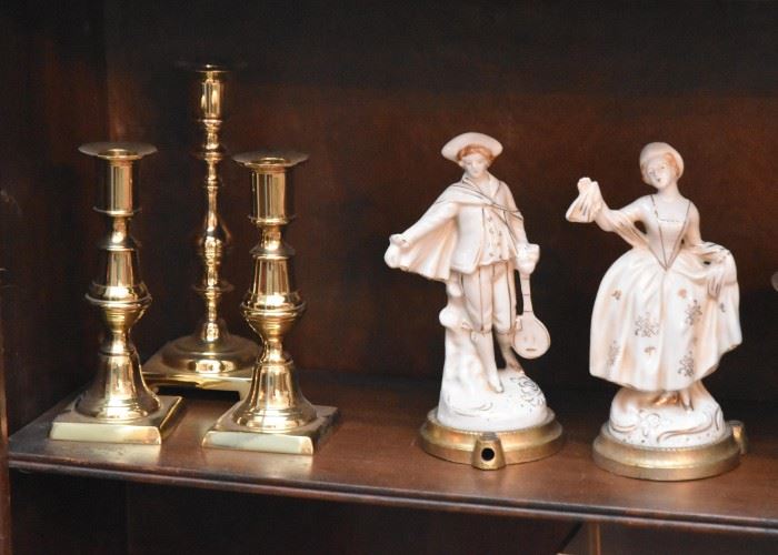 Brass Candlesticks, Porcelain Figurines
