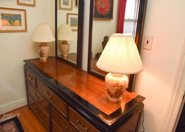 Asian Style Lowboy Chest / Dresser with Double Mirrors (Century Furniture) 