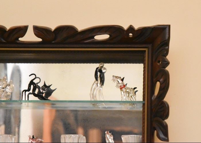Vintage Curio Wall Shelf with Mirror Back, Glass Animal Miniatures