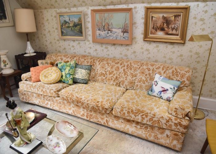 Vintage Sofa, Throw Pillows, Brass Floor Lamp