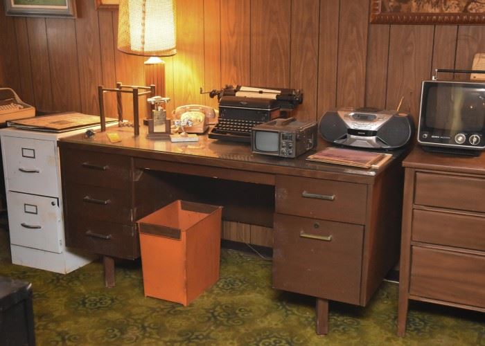 Vintage Keyhole Desk, Metal File Cabinets