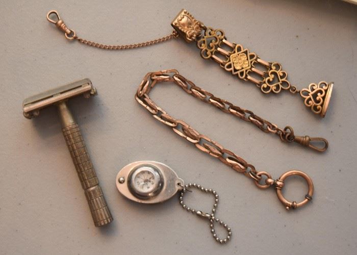 Vintage Gillette Safety Razor, Pocket Watch FOB's, Miniature Compass 