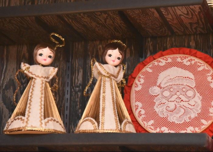 Vintage Christmas Decor - Angel Dolls, Lace Santa Claus Wall Hanging