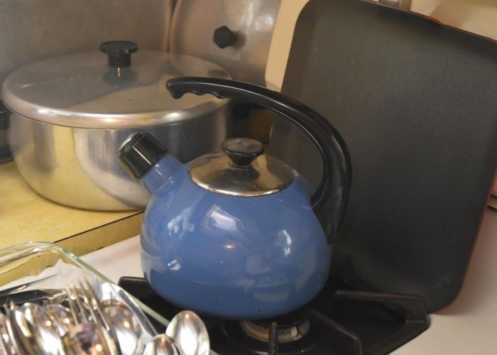 Blue Tea Kettle, Pots & Pans