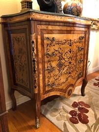 French Style Parquetry Inlaid Contoured Commode Chest w/ Green Marble Top & Bronze Mounts. 
