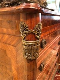 French Empire Style Mahogany & String Inlay Four Drawer Chest with Bronze Mounts on Bronze Claw Feet. 