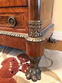 French Empire Style Mahogany & String Inlay Four Drawer Chest with Bronze Mounts on Bronze Claw Feet. 