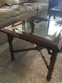 Bamboo styled wood leg table with beveled glass