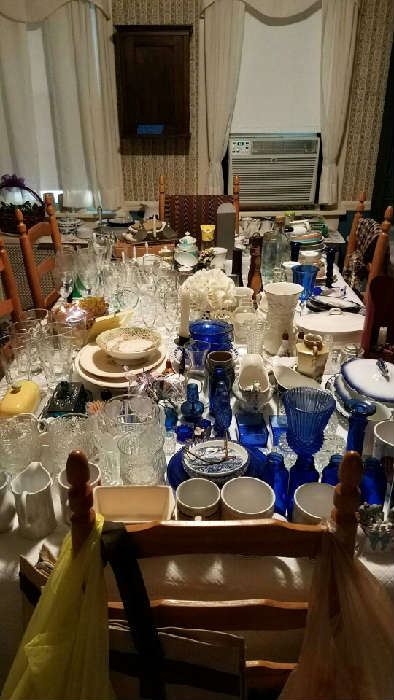 Many vintage dishes, glassware, pitcher collection, knick-knacks.