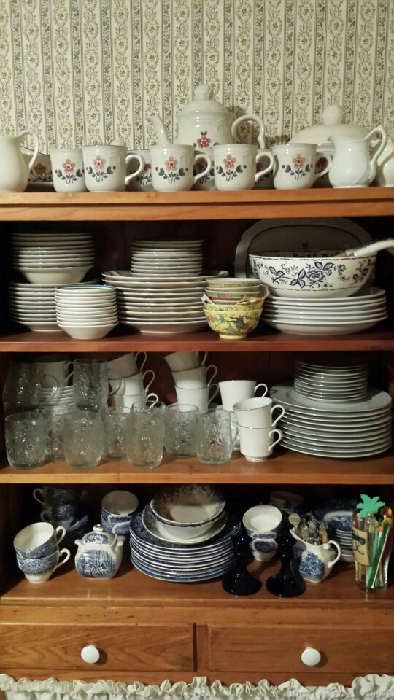 Blue dish set, many various dishes and glassware items.
