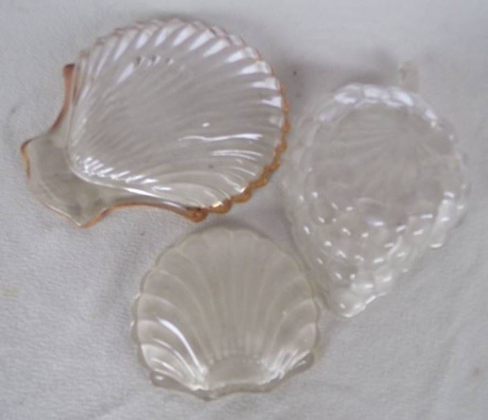 two glass shell shaped dishes and one leaf glass d ...