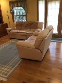 Almond electric leather couch with two recliners and loveseat
