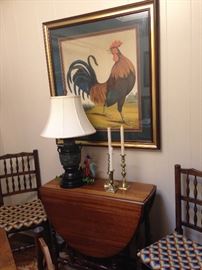 Antique drop leaf table; stunning rooster art; brass candle holders