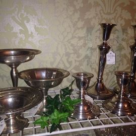 Sterling and silver plate compotes and candle holders