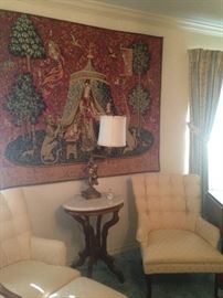 Lovely tapestry; matching tufted chairs (one ottoman); marble top
