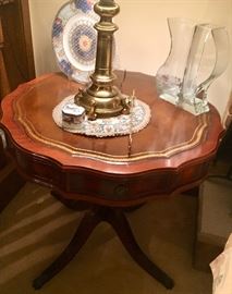 Antique pedestal side table with leather top