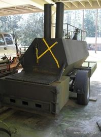 Large Smoker, Fire box is 42 inches wide, 32 deep, smoking area 42 inches x 9 ft. Meat racks {2} are 42 inches long, 39 wide, overall trailer length 14 ft 6 inches, overall width 64 inches.