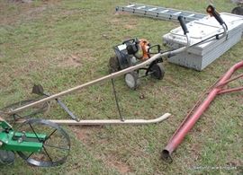 Brown high row cultivator seeder, Toolbox, Stihl MM 55cc front tine Tiller