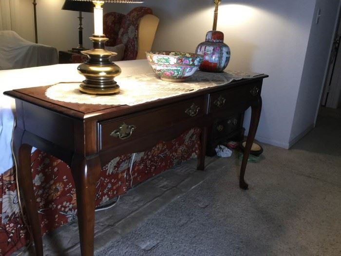 Cherry Wood Sofa Table and Brass Lamp