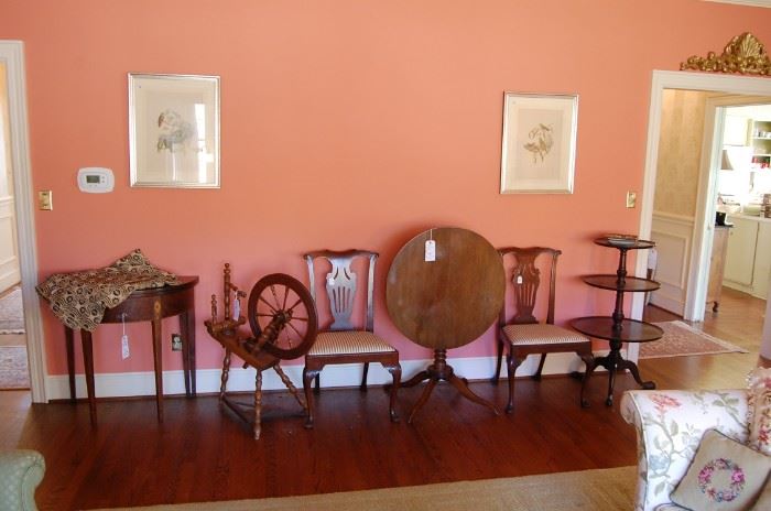 chairs are finely made-30-40 years old, spinning wheel is signed and dated 1854