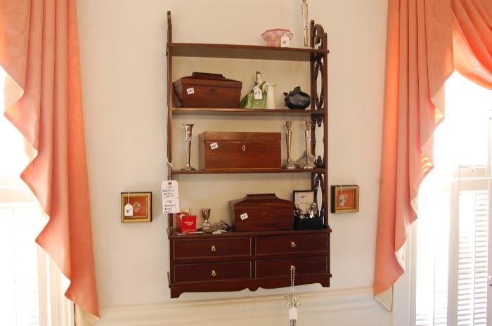 Wall shelf with vintage TEA CADDIES & Sterling