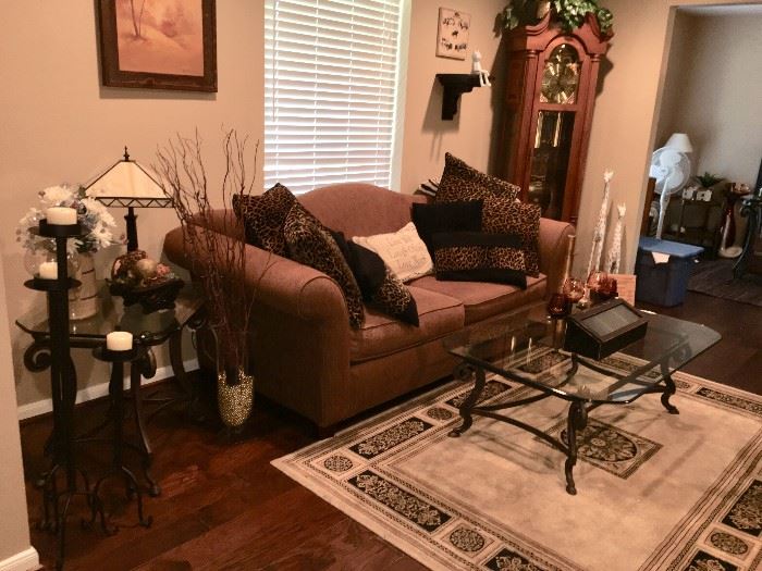 Gorgeous Home Furnishings! Nice Sofa, Rug, Iron and Glass Coffee Table, End Table and Foyer Table