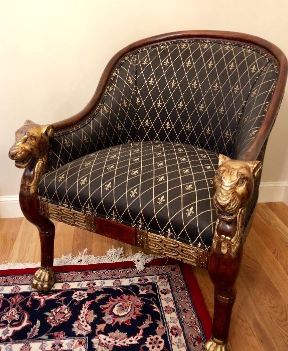 Baker Furniture- Stately Homes Collection, Regency gold gilt accented paw feet and lion head hand rest, Tub Chairs feat. fleur de lis upholstery. Pair.