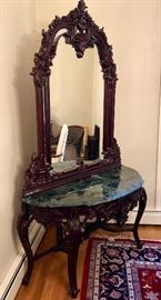 Victorian Style Carved Mahogany Console Table with Mirror and Gorgeous Marble Top
