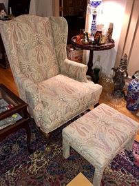 Upholstered Wing Chair and Matching Ottoman - Pair
