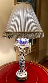 Antique Bohemian Cased Blue Glass Cut to Cobalt   Table Lamps - handpainted, with crystal lustres. Pair.
