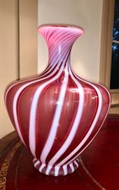 Vintage Fenton Style Pink and White Swirl Vase