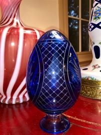 Bohemian Cut Glass Footed Egg with Etchings viewed through side