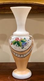 Hand painted, milk glass vase