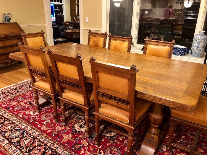 Antique English Refectory Dining Table; Antique French Chairs feat. leather upholstery and nail head trim