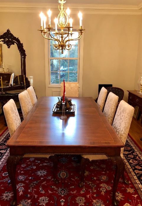 Gorgeous Baker Stately Homes dining room set with upholstered Parson's chairs and matching sideboard- Stately Homes Collection.