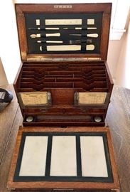 Exceptional antique oak portable writing desk with all the bells and whistles!