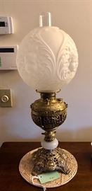 Antique Gone with the Wind Parlor Lamp, brass base and cherub shade