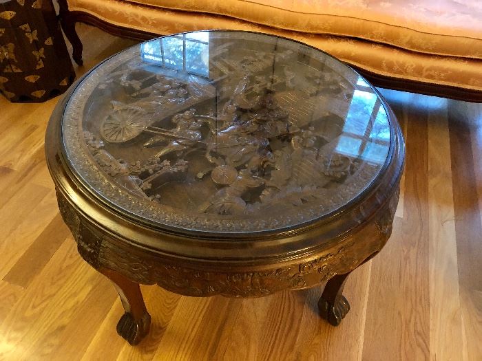 Heavily Carved Asian Table with Glass Top