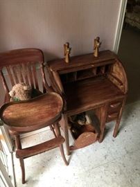 child roll top desk & high chair
