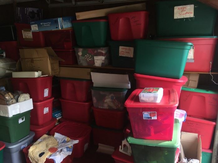 DOZENS OF TOTES OF CHRISTMAS DECORATIONS
