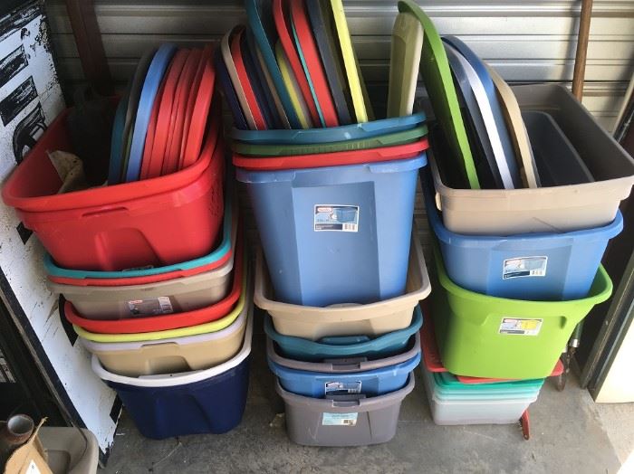 DOZENS OF EMPTY STORAGE TOTES - MORE NOT SHOWN