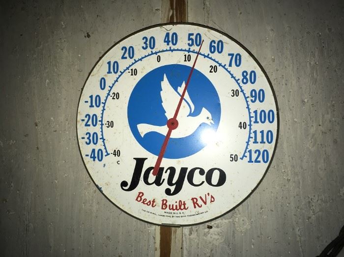 VINTAGE JAYCO RV ADVERTISING THERMOMETER, missing glass
